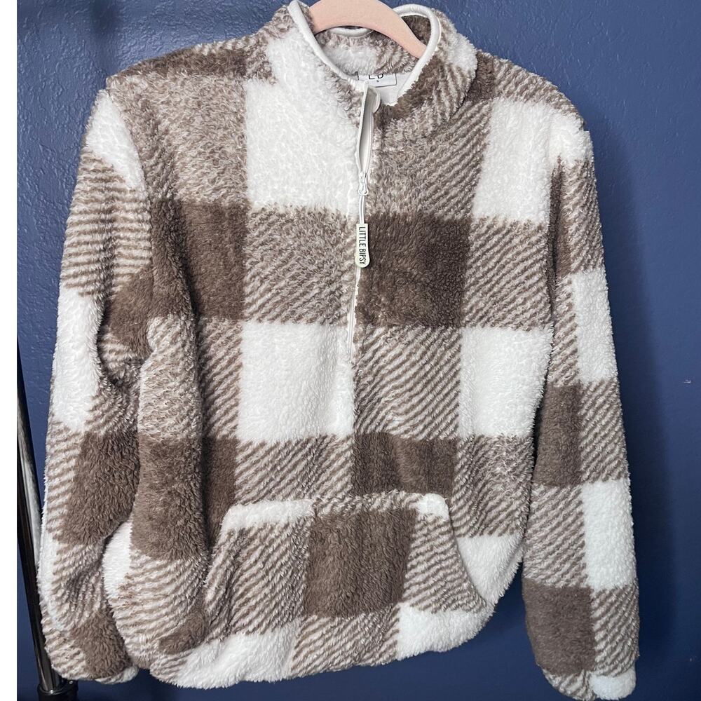 Little Bipsy Buffalo Plaid Sherpa Pullover Brown White 1/2 Zip Fleece Small NWOT